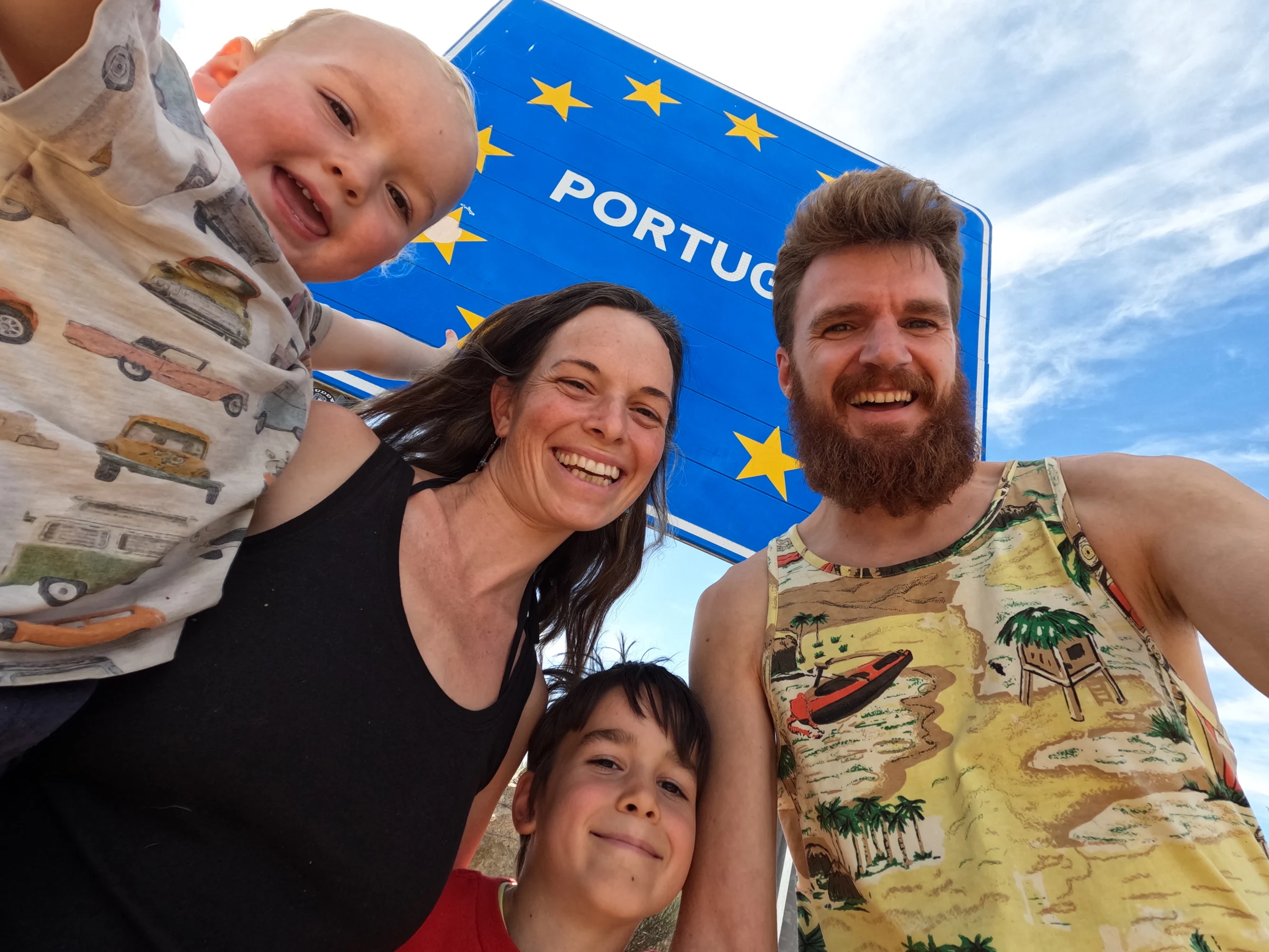 Tom, Ros, Lawrie and Wilfy together at the Portugal border sign