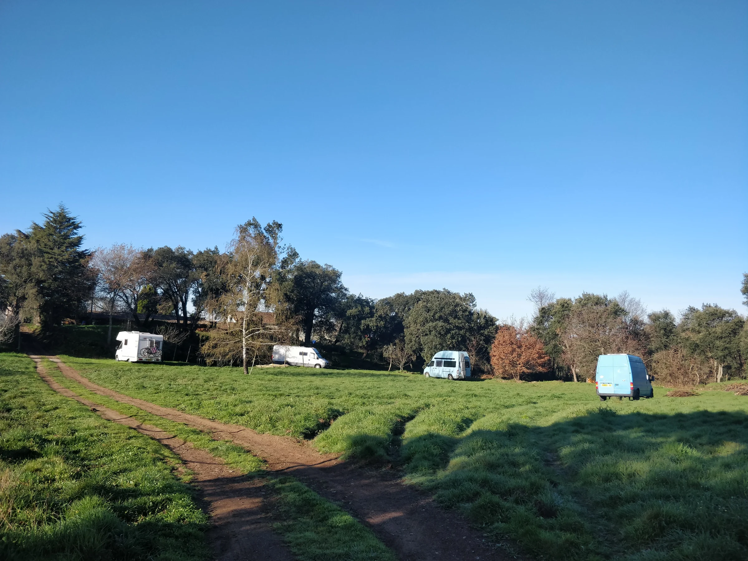 Campervans and motorhomes gathered across a field at the family's home in Central Portugal