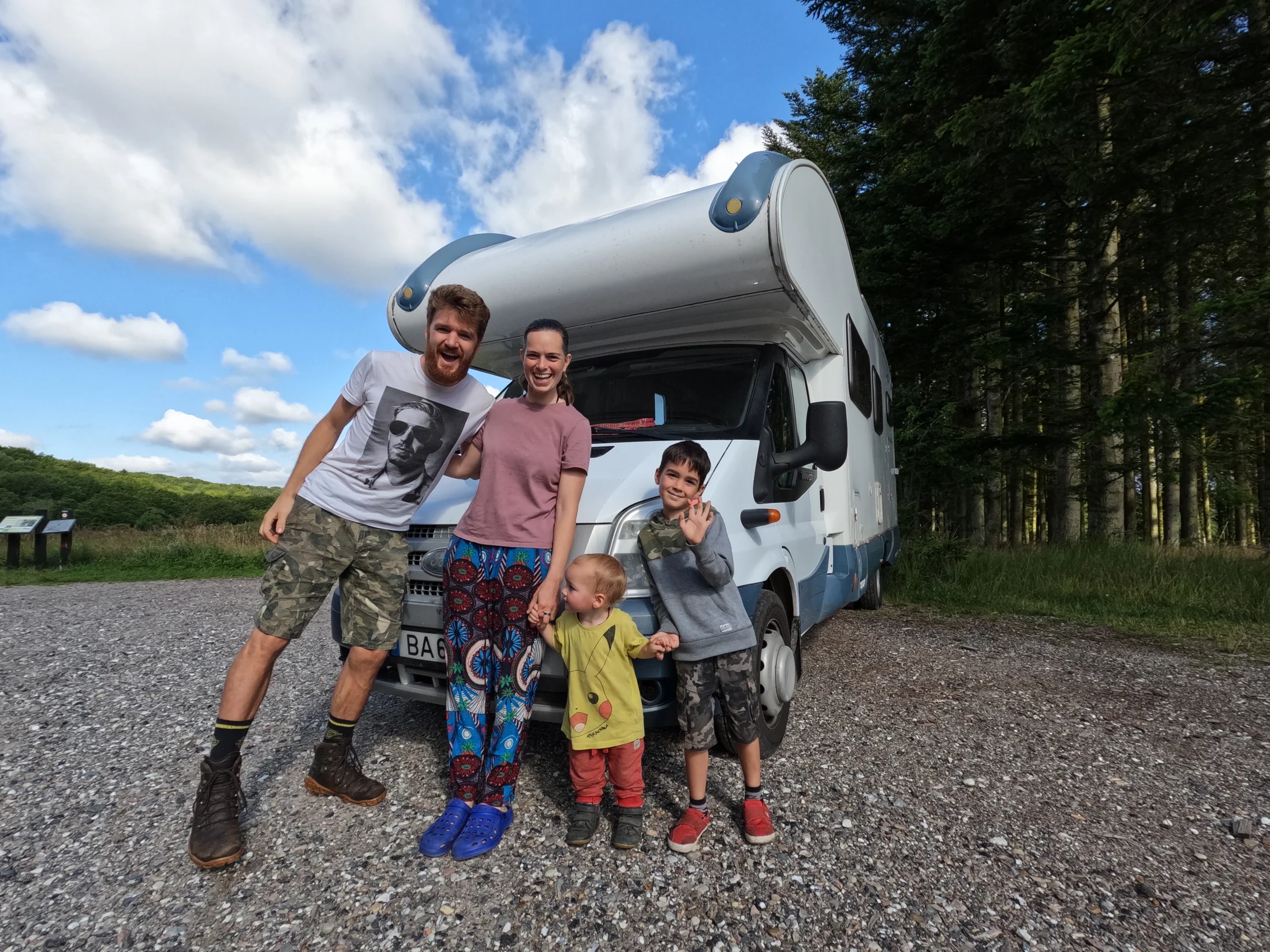 Tom, Ros, Lawrie and Wilfy beside their motorhome BATC in Scandinavia