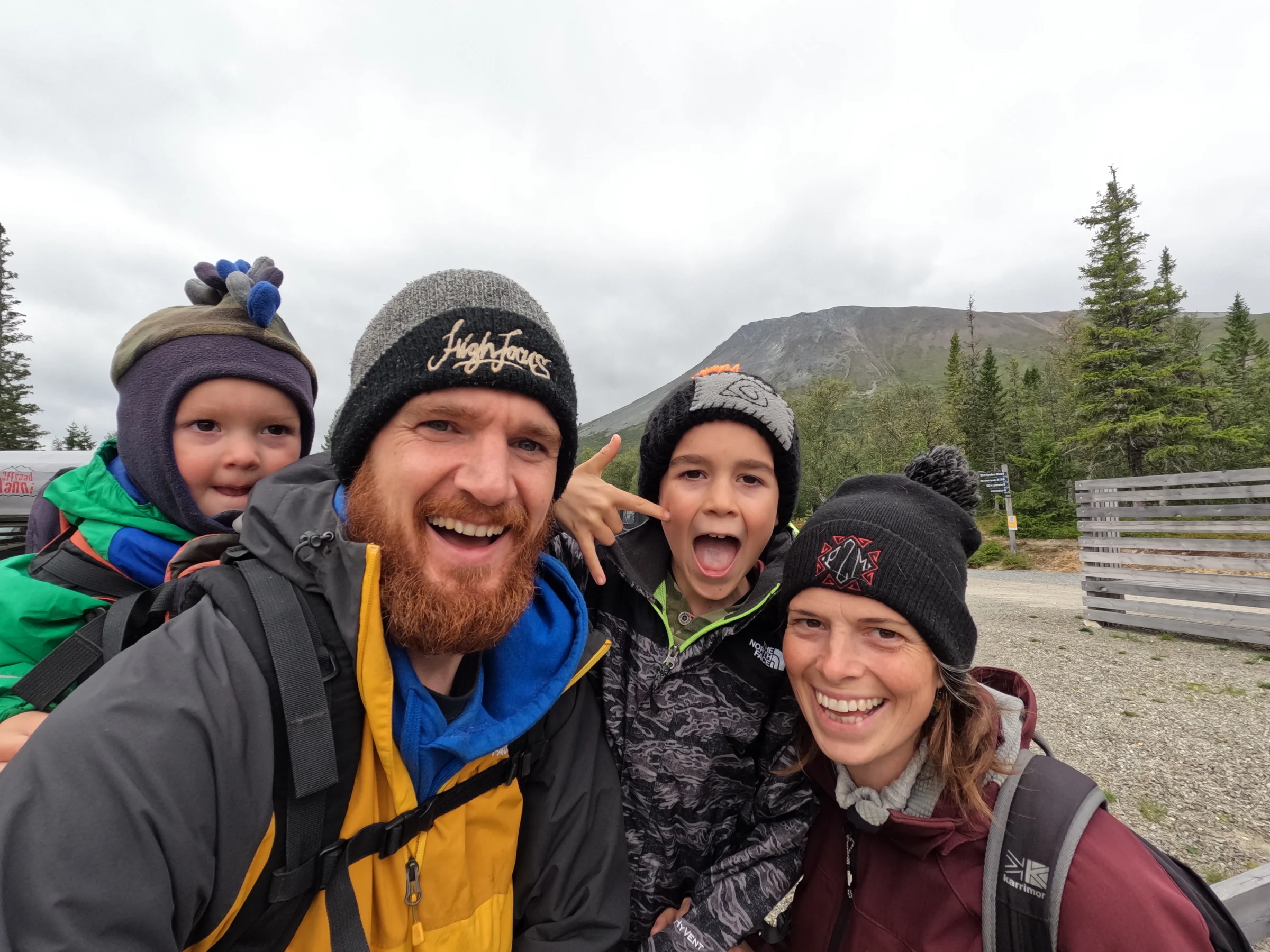 Tom, Ros, Lawrie and Wilfy dressed for a family hike in Scandinavia