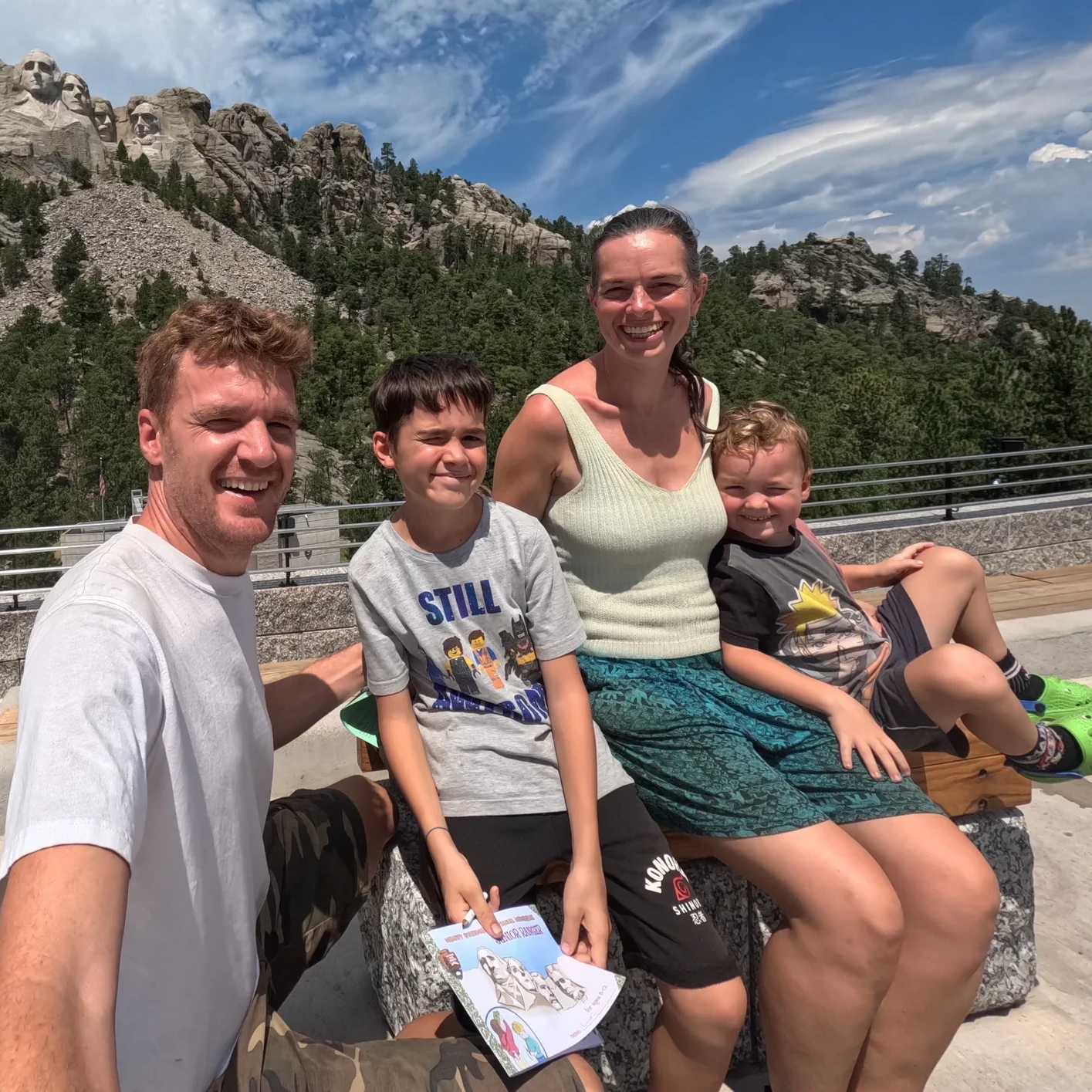 Tom, Ros, Lawrie and Wilfy at Mount Rushmore during their family road trip across North America
